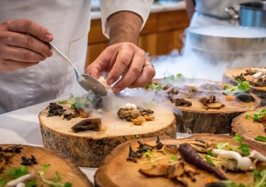 chef "montando pratos" em tábuas de madeira