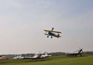 vintage Boeing Stearman biplane used for wing walking, Damyns Hall Aerodrome, London, United Kingdom