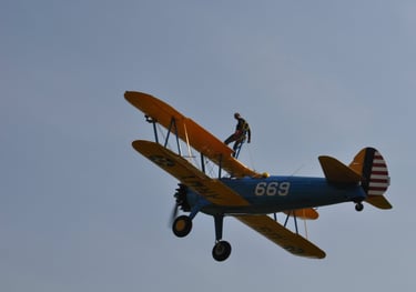 vintage Boeing Stearman biplane used for wing walking, Damyns Hall Aerodrome, London, United Kingdom