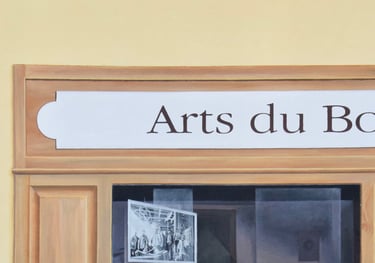 Enseigne peinte en trompe-l'oeil sur façade, fausse devanture, Moirans-en-Montagne (39).