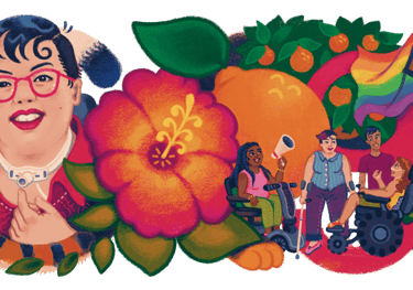 Image of Google doodle with Stacey, a tiger, flowers, and friends in wheelchairs, BIPOCS, walking support, megaphone etc. 