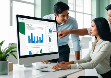 Tres personas trabajando juntas en una oficina, analizando gráficos y datos en la pantalla de una computadora sobre campañas 