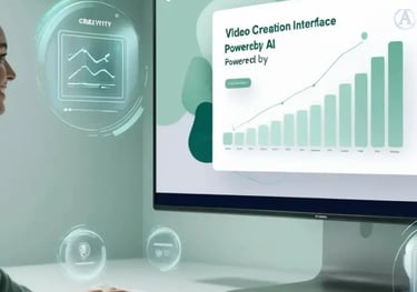 Persona usando una computadora en un entorno moderno con una interfaz de creación de videos impulsada por IA, mostrando gráfi