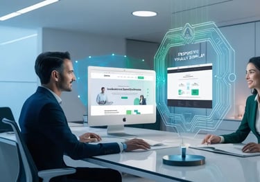 Un hombre y una mujer en un ambiente de oficina moderna analizan diseños web interactivos proyectados en hologramas.