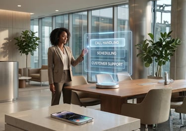 Woman in office pointing to a holograph that says "Call handling, Scheduling, Customer Support"