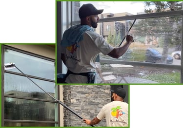 Mop Monkey cleaning exterior & interior windows in Calgary using squeegee and water-fed pole