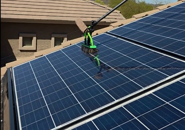 solar panel cleaning with brush on a pole