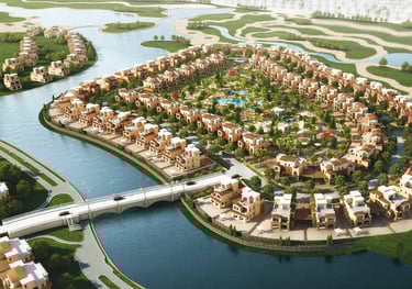 a large cityscape of a river with a bridge over it | Nour Nagy Designs