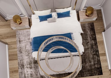 a bedroom with a bed and a chair Nour Nagy Designs