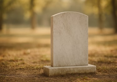 a simple marble tombstone with soft natural light; peaceful, poetic, minimal.