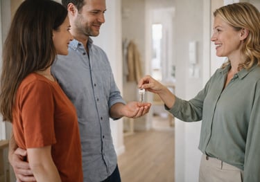 Property manager handing apartment keys to guests during rental check-in in a modern home