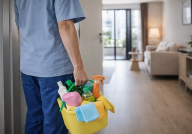 In-house cleaning staff carrying eco-friendly cleaning supplies into a modern rental apartment for t
