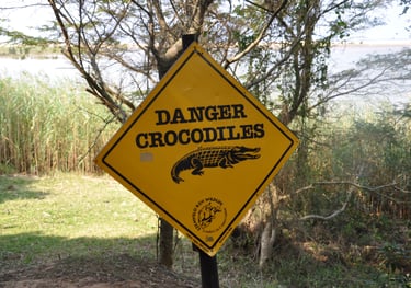 danger crocodiles sign at estuary beach, St Lucia, South Africa