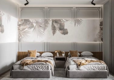 a bedroom with two beds and a wall mural Nour Nagy Designs