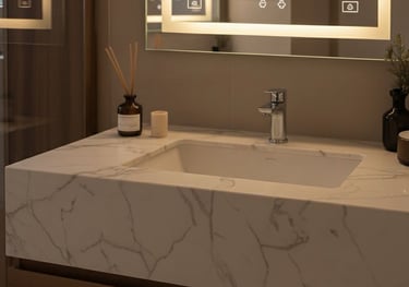 a bathroom with a marbled counter top and a mirror Nour Nagy Designs