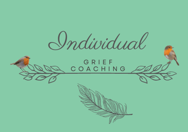 two robins on words Individual Grief Coaching feather under with calm green background