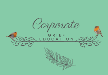 two robins on words Corporate Grief Education feather under with calm green background