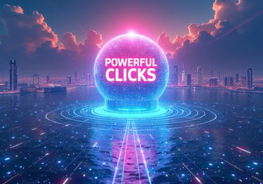 a futuristic looking image with text "powerful clicks"