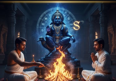 Shani puja ritual with oil, black sesame, and diya