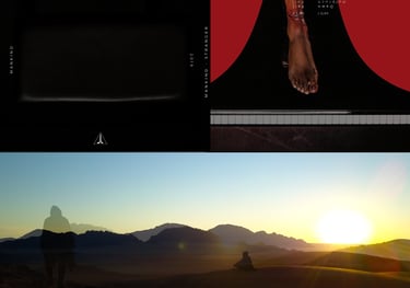 A Piaono seat and a photo of a person's foot, Mountains in the desert, sunrise