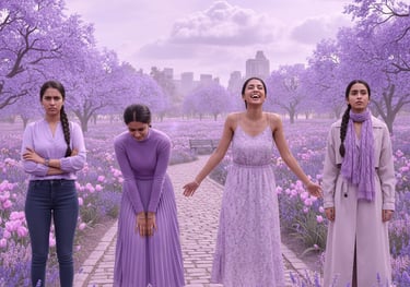a group of women standing in a field of flowers