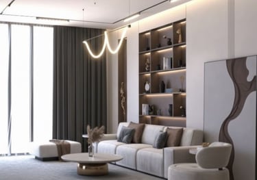 a living room with a couch and a large window Nour Nagy Designs