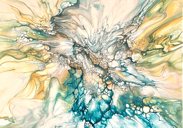 An abstract bloom on canvas with teal, yellow, green, and gold