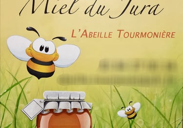 Panneau de publicité peint pour un apiculteur, Jura. abeilles, végétation, miel.