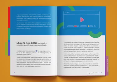 A imagem mostra o guia de Web Design aberto em uma página sobre legendas em vídeo.