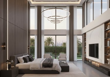 a bedroom with a large bed and a large window