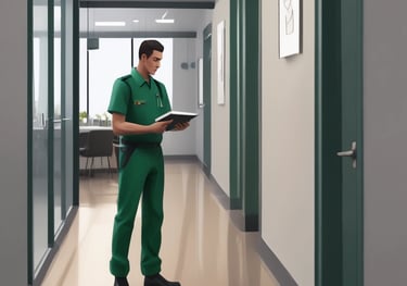 Zelador da Venerra Facilities inspecionando com prancheta área comum de condomínio em São Paulo