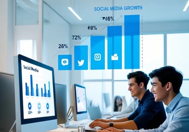 Dos hombres trabajando en una oficina moderna con gráficos de crecimiento de redes sociales en las pantallas de las computado