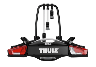Rear view of Thule towbar bike carrier showing lights and number plate area.