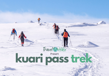 Trekkers scaling the lush trails of the Himalayas.