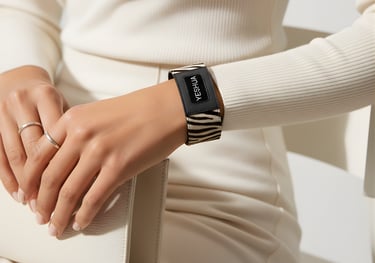 A person wearing a zebra print leather cuff bracelet with a Yeshua text on the front