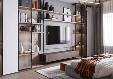a bedroom with a bed, television, and a television Nour Nagy Designs