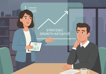 Animated image of a founder and VC investor engaged in a quiet, focused discussion across a boardroo