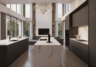 a kitchen with a large island and a large window mix neoclassic/modern style kids bedroom 2 bed in N