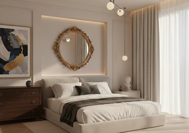 a bedroom with a large bed and a mirror