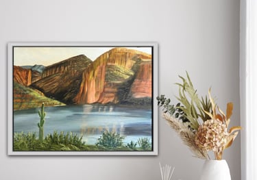 Original oil landscape of Saguaro Lake and desert cliffs
