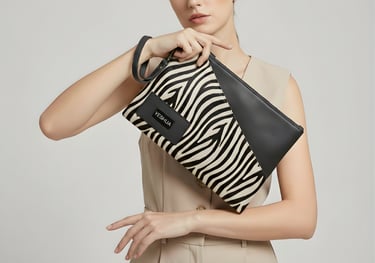 Elegant model holding a zebra print leather clutch bag with a wristlet strap and black trim.