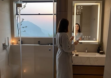 a woman in a robe is standing in a bathroom Nour Nagy Designs