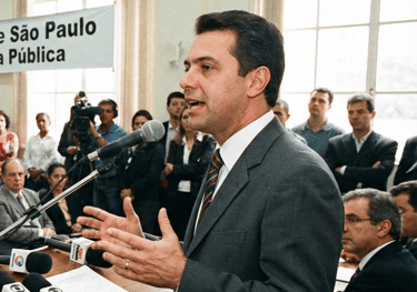 Imagem de um político e gestor público, de em torno de 40 anos, dando um discurso