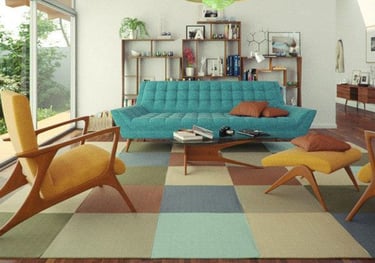 salon vintage dans le style des années 50/60 avec des couleurs vives et de la moquette à carreaux
