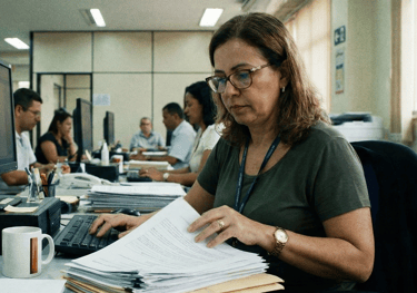 Imagem de uma servidora pública de cerca de 50 anos mexendo em papéis em sua mesa