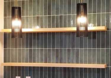 Backsplash wall with new custom shelves and new light pendants