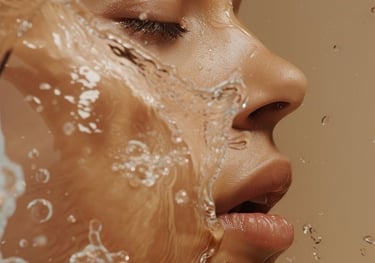 Rostro femenino con gotas de agua simboliza el shot de hidratación facial con ácido hialurónico.