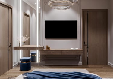 a bedroom with a large television and a large television