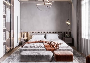 a bedroom with a bed and a couch Nour Nagy Designs