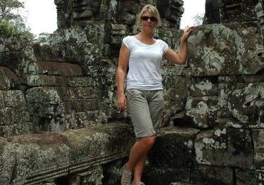 Tracey Billington at the Temple of Bayon Angkor, Siem Reap, Cambodia